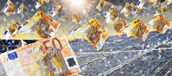 Euro-Geldscheine vor Solarpanele (Bild: Adobe Firefly)